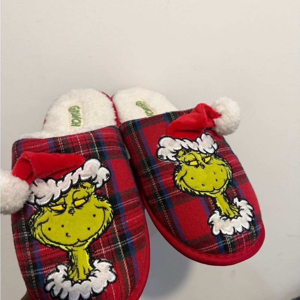 Grinch Red Plaid Holiday Slippers with Santa Hat Accent